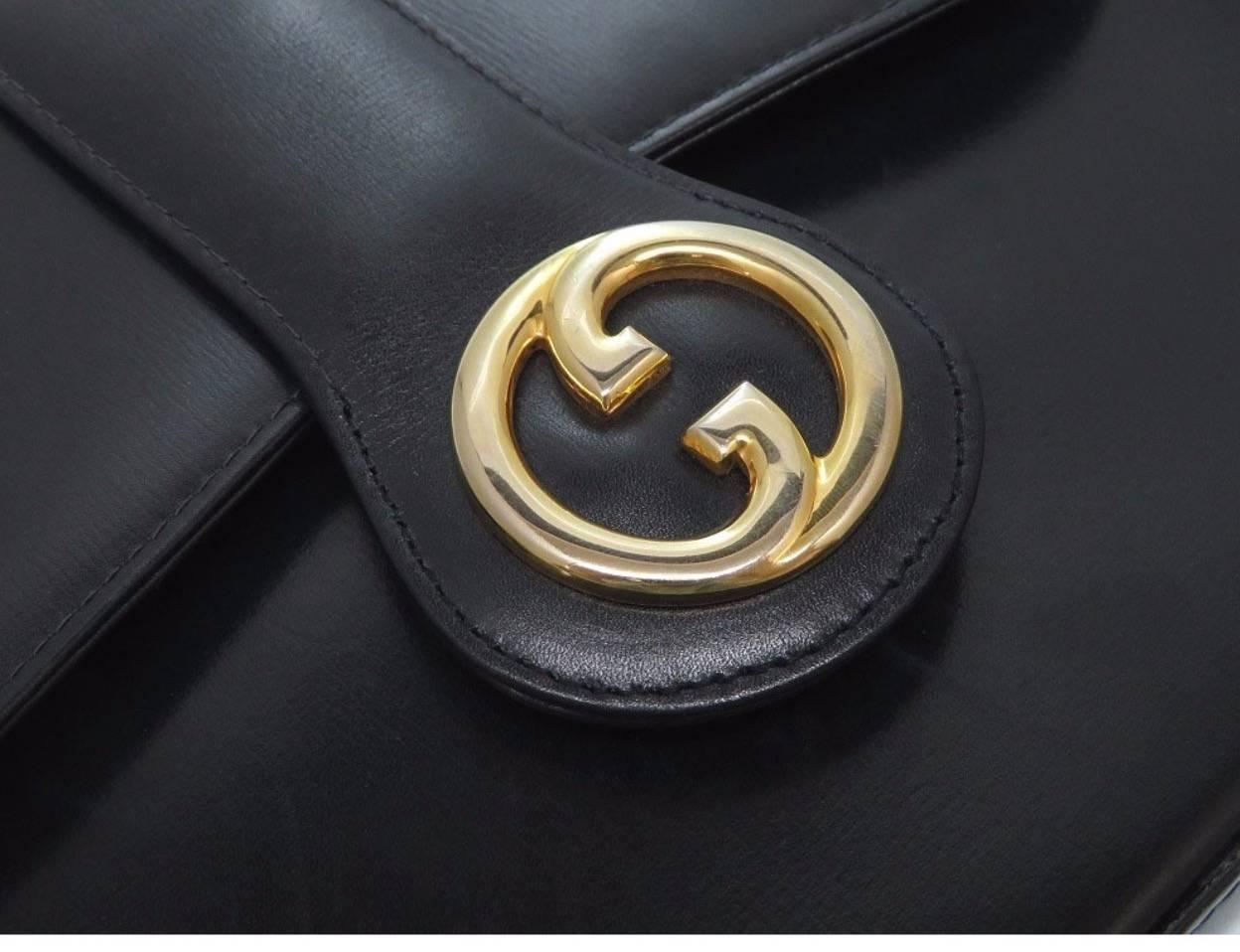 Black Gucci Leather Gold Kelly Style Top Handle Satchel Evening Shoulder Flap Bag