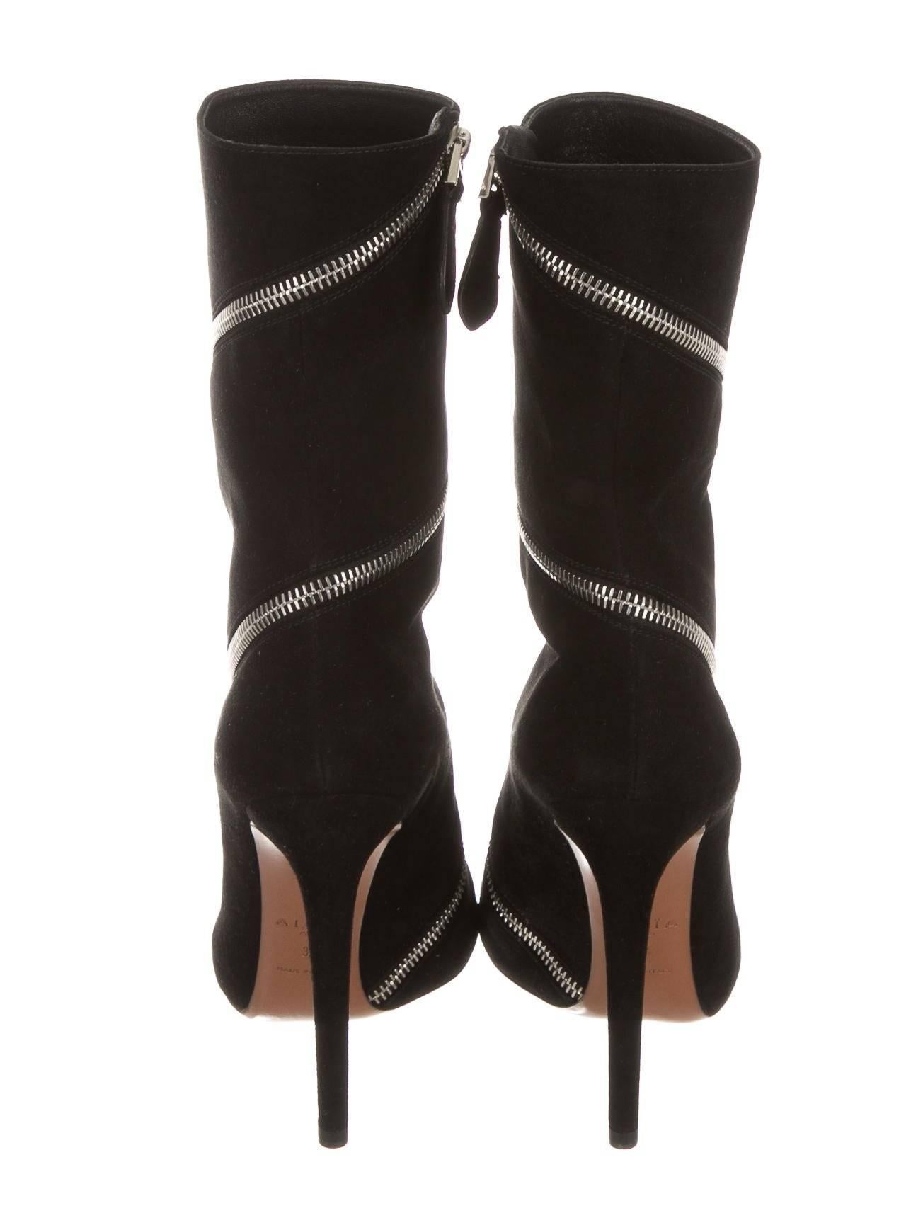 Women's Alaia New Black Suede Silver Zip Around Evening Ankle Boots Heels in Box