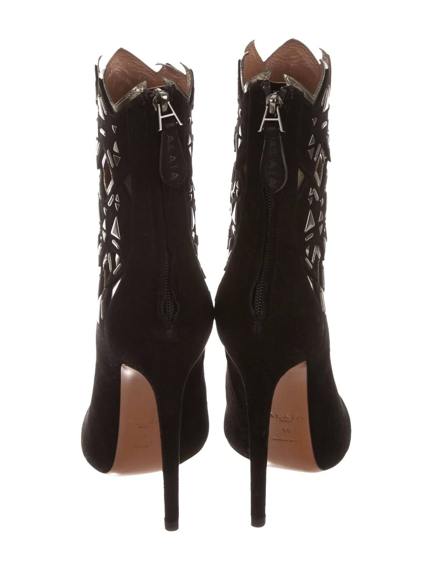 Alaia New Black Leather Metallic Laser Cut Out Evening Ankle Boots Heels in Box In New Condition In Chicago, IL