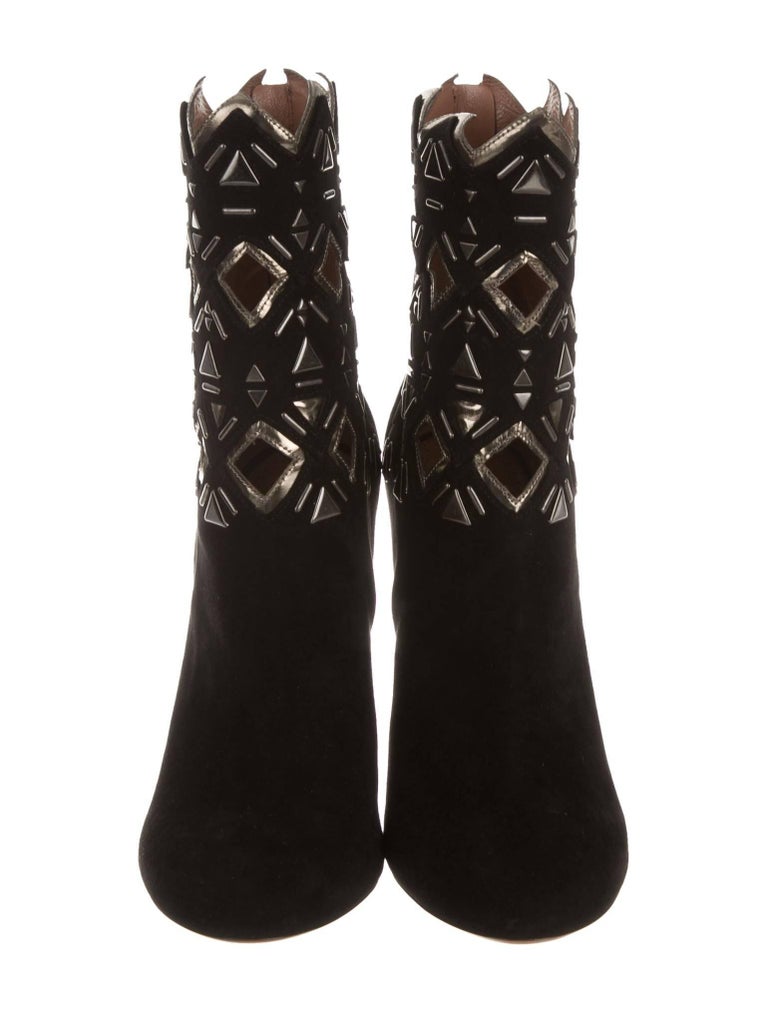 Alaia New Black Leather Metallic Laser Cut Out Evening Ankle Boots ...