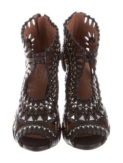 Alaia New Black Leather Silver Metal Laser Evening Sandals Heels