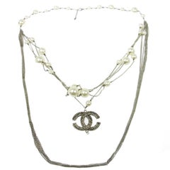Chanel Gunmetal Silver Pearl Charm Pendant Layer Chain Evening Necklace in Box