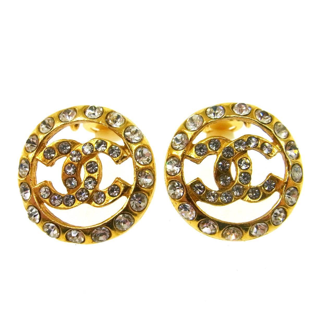Chanel Gold Rhinestone Charm Evening Stud Earrings in Box 