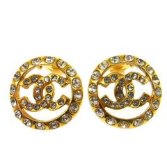 Chanel Gold Rhinestone Charm Evening Stud Earrings in Box