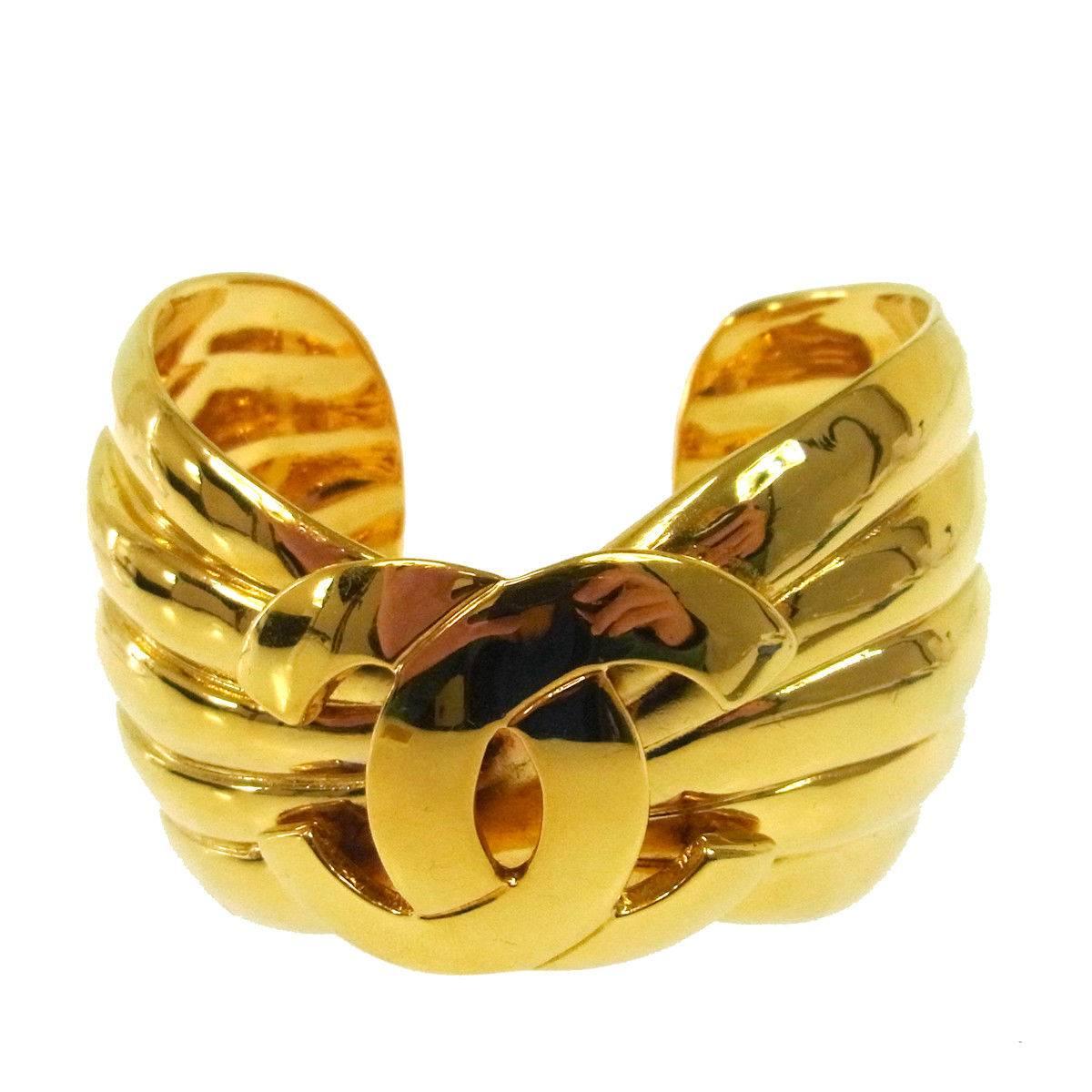 Chanel Gold Textured Charm Evening Statement Cuff Bracelet in Box