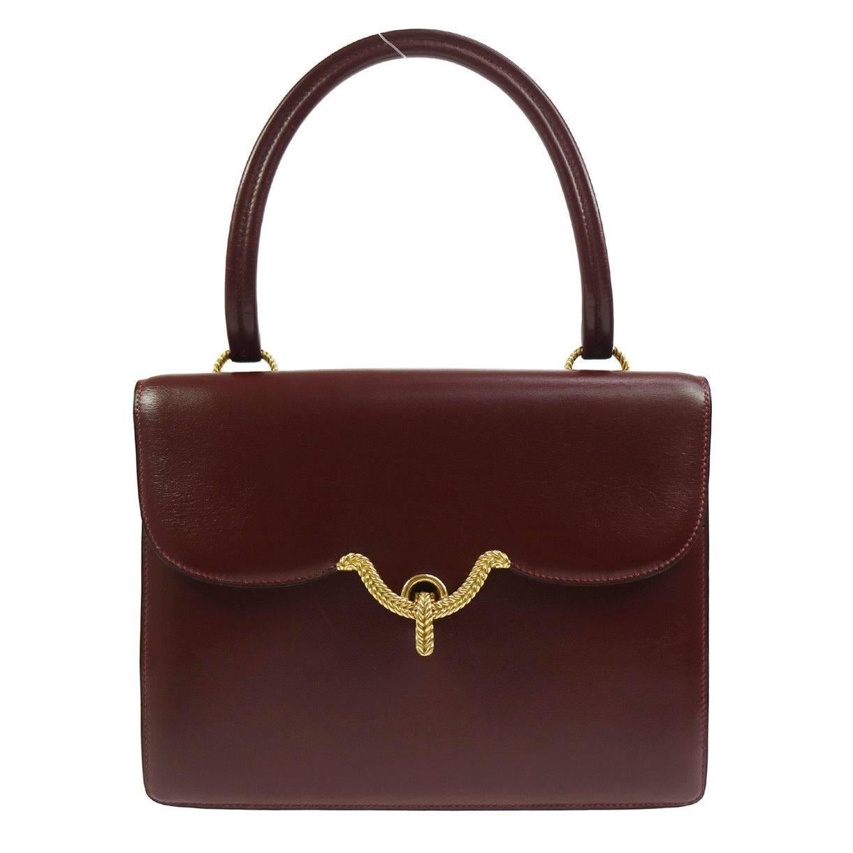 Hermes Bordeaux Leather Gold Emblem Kelly Style Top Handle Satchel Flap Bag