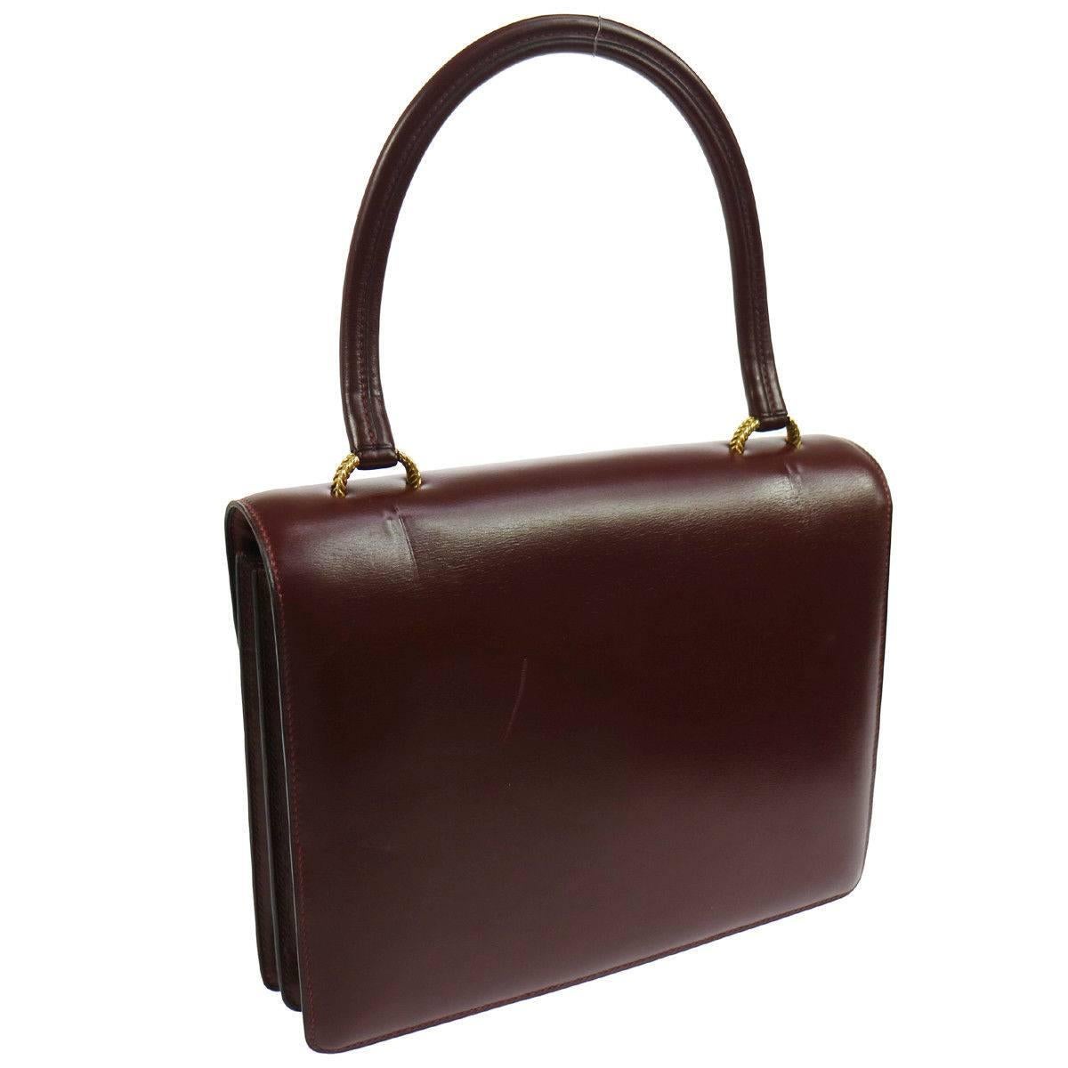 Black Hermes Bordeaux Leather Gold Emblem Kelly Style Top Handle Satchel Flap Bag