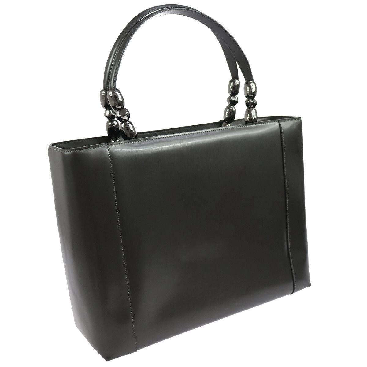 Black Christian Dior Patent Leather Pearl Top Handle Satchel Evening Bag