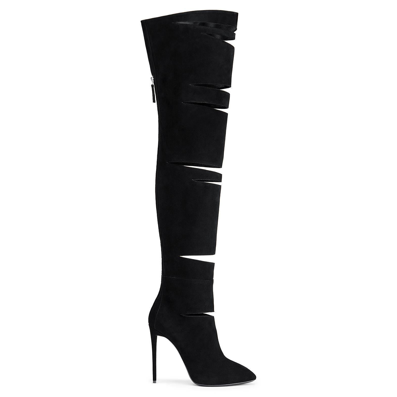 Giuseppe Zanotti New Black Suede Sexy Slits Over Knee Thigh High Boots in Box

Size IT 36
Suede
Zipper closure
Made in Italy
Heel height 4.75" (120mm)
Includes original Giuseppe Zanotti box