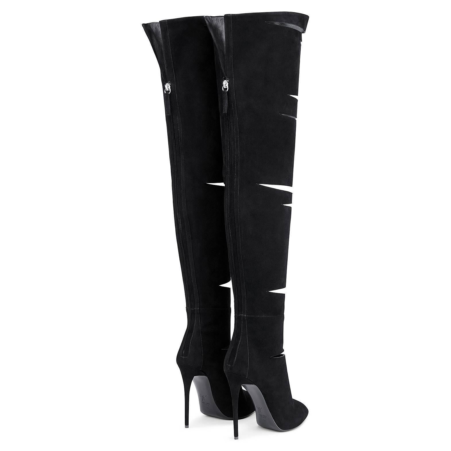 Giuseppe Zanotti New Black Suede Sexy Slits Over Knee Thigh High Boots  In New Condition In Chicago, IL
