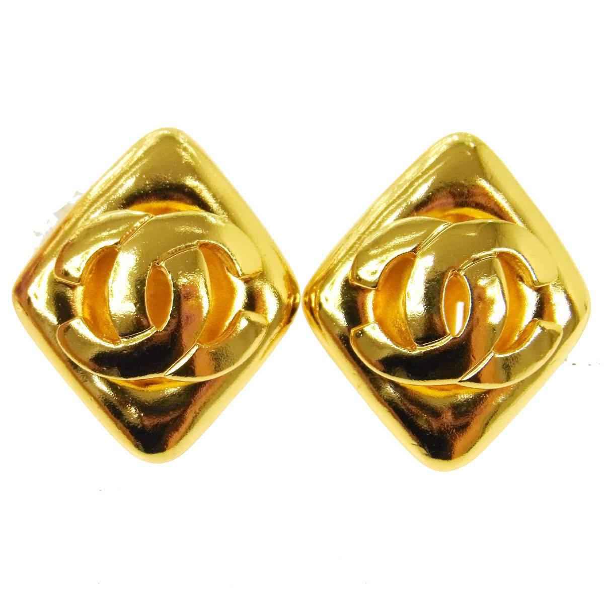 Chanel Gold Triangle Diamond Charm Evening Statement Stud Earrings