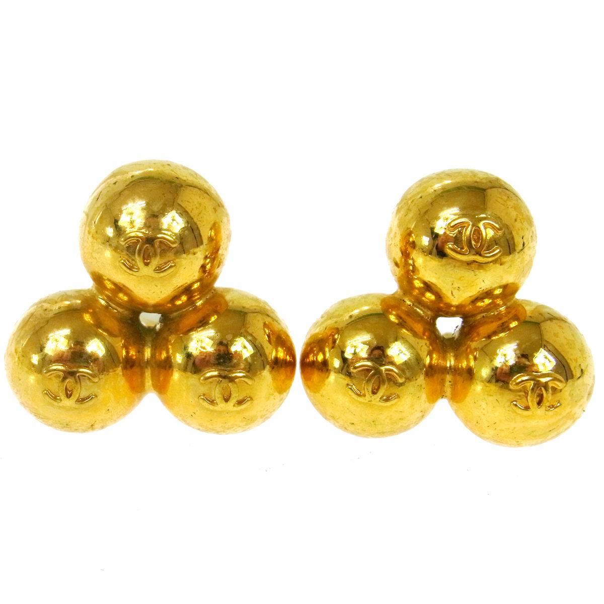 Chanel Gold Three Tier Round Statement Evening Stud Earrings