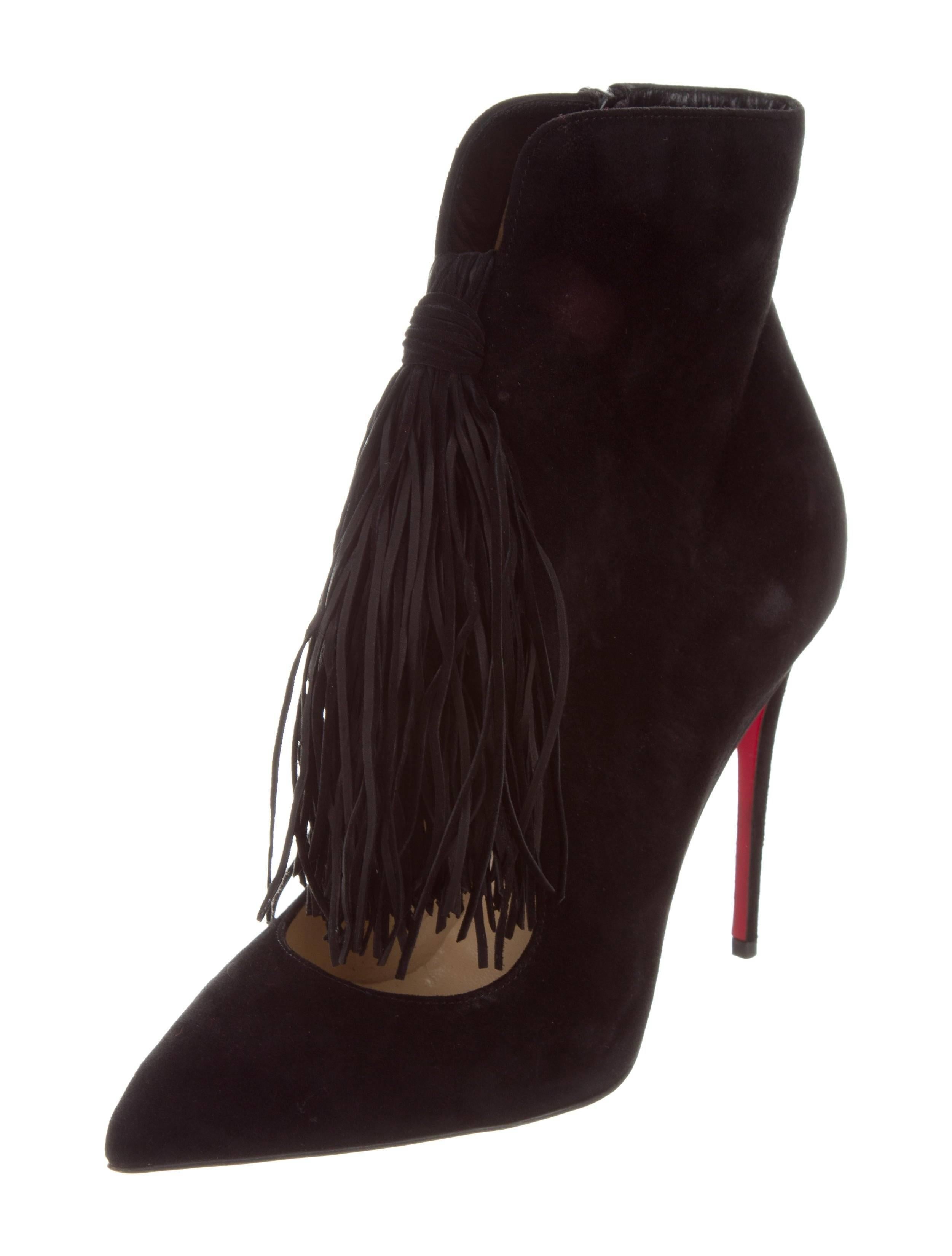 Christian Louboutin New Black Suede Fringe Evening Ankle Booties Boots in Box

Size IT 36
Suede
Zipper closure
Made in Italy
Heel height 4"
Includes original Christian Louboutin dust bag and box