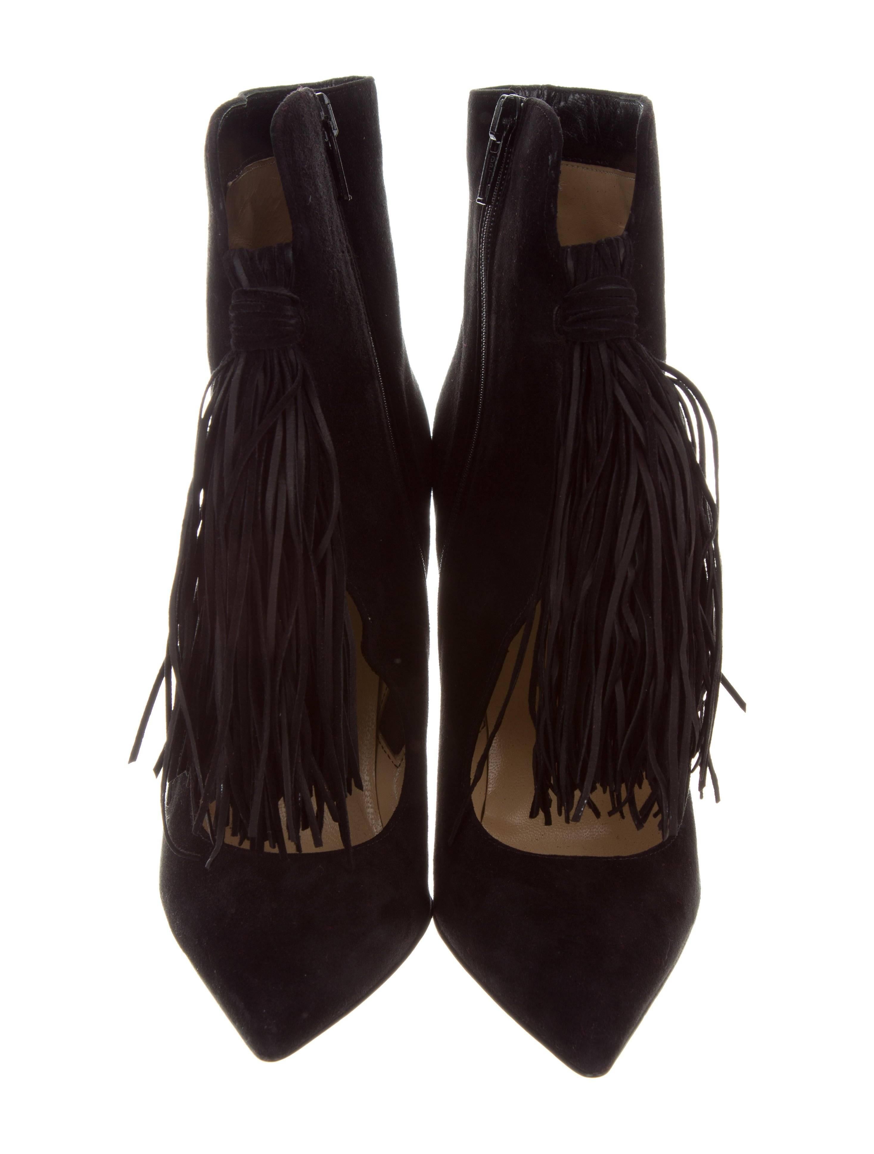 Christian Louboutin New Black Suede Fringe Evening Ankle Booties Boots in Box In New Condition In Chicago, IL