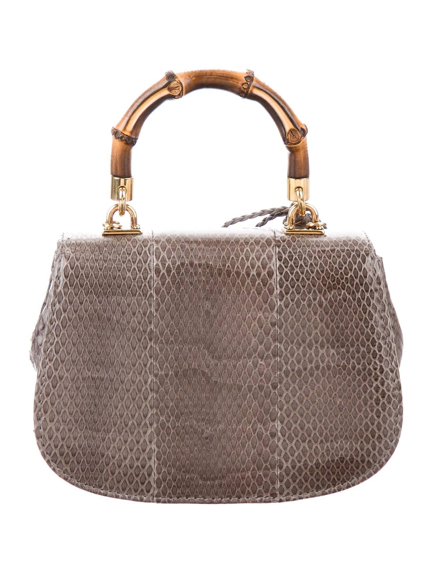 Gucci Gray Snakeskin Bamboo Top Handle Kelly Evening Satchel Shoulder Flap Bag In Excellent Condition In Chicago, IL