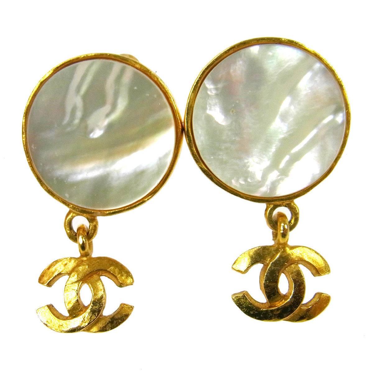 Chanel Gold Metallic Iridescent Shell Charm Dandle Drop Evening Earrings in Box