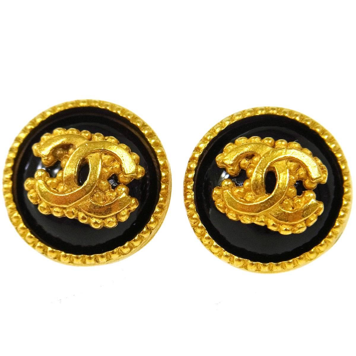 Chanel Textured Gold Black Accent Charm Statement Evening Stud Earrings