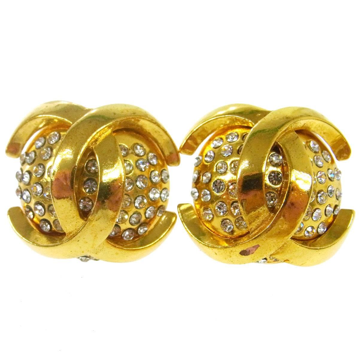 Chanel Gold Charm Rhinestone Evening Statement Stud Earrings