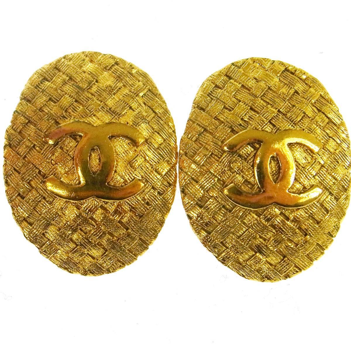 Chanel Gold Textured Dangle Drop Evening Stud Earrings