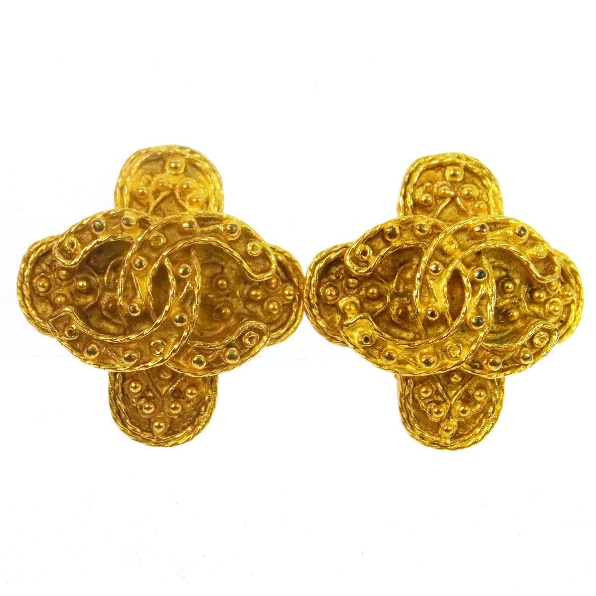 Chanel Textured Gold Charm Cross Evening Statement Stud Earrings