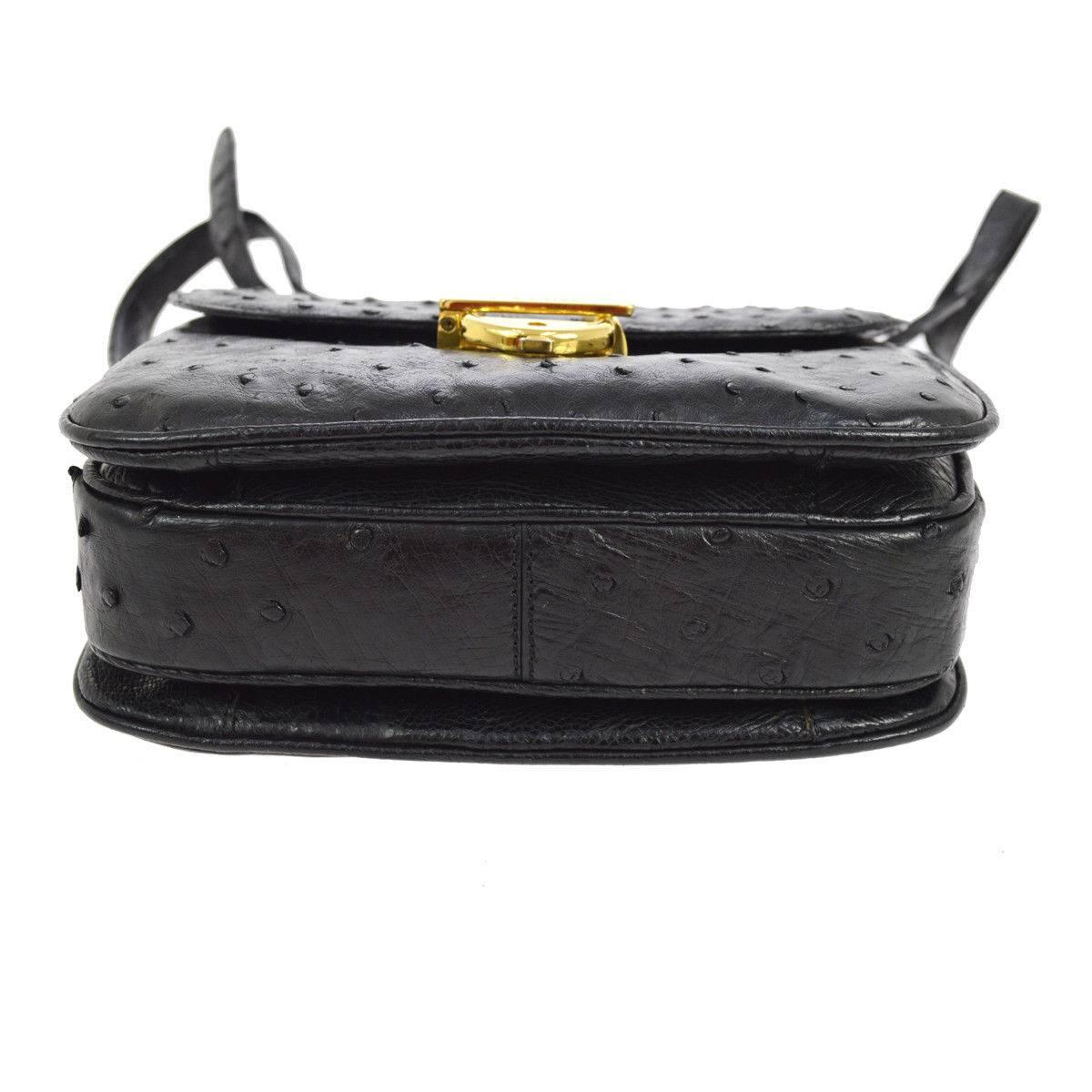 Celine Black Ostrich Leather Exotic Skin Saddle  2 in 1 Clutch Shoulder Flap Bag In Excellent Condition In Chicago, IL