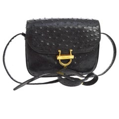 Retro Celine Black Ostrich Leather Exotic Skin Saddle  2 in 1 Clutch Shoulder Flap Bag