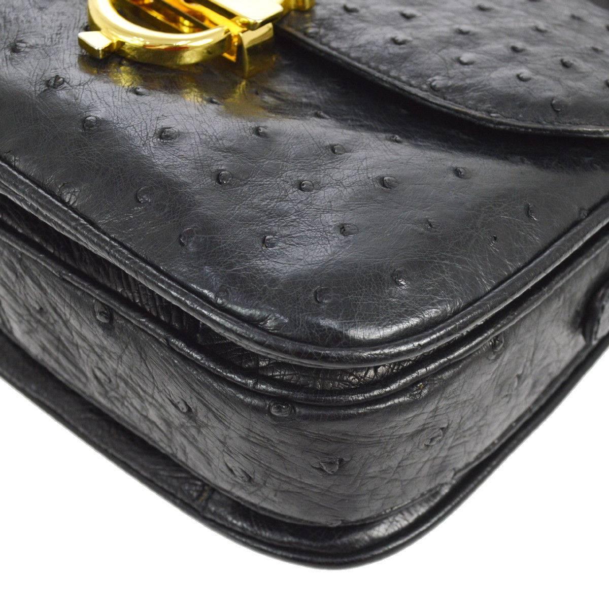 Women's Celine Black Ostrich Leather Exotic Skin Saddle  2 in 1 Clutch Shoulder Flap Bag