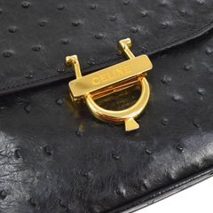Celine Black Ostrich Leather Exotic Skin Saddle  2 in 1 Clutch Shoulder Flap Bag