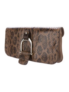 Gucci Taupe Snakeskin Leather Gold Emblem Evening Envelope Flap Clutch Bag