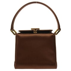 Retro Gucci Chocolate Satin Gold Charm Turnlock Top Handle Satchel Evening Bag 