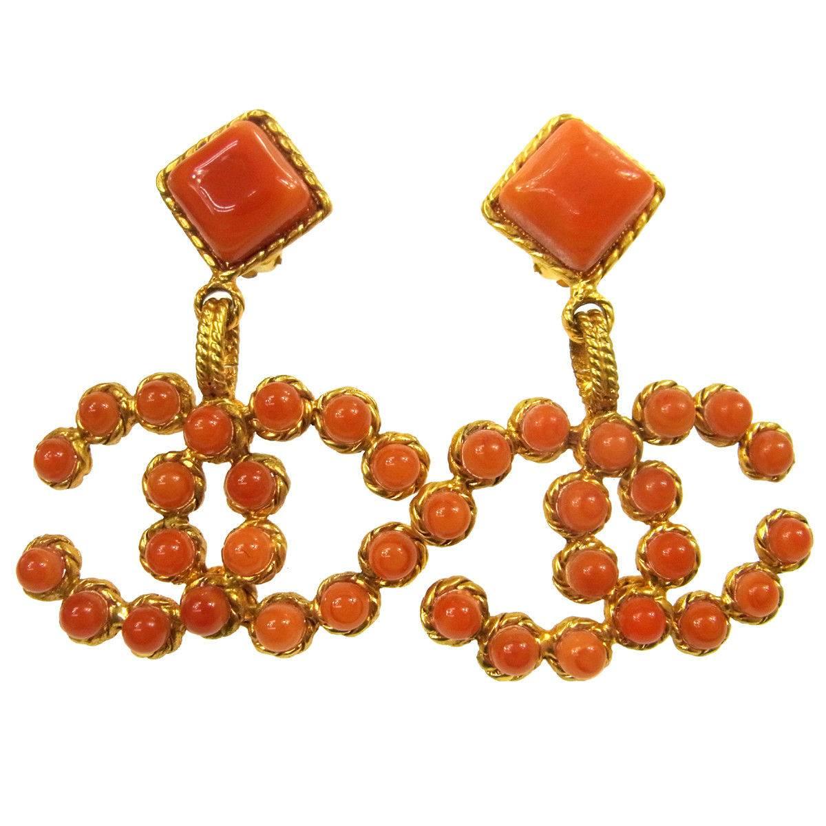 Chanel Textured Gold Coral Charm Evening Dangle Drop Statement Earrings in Box 