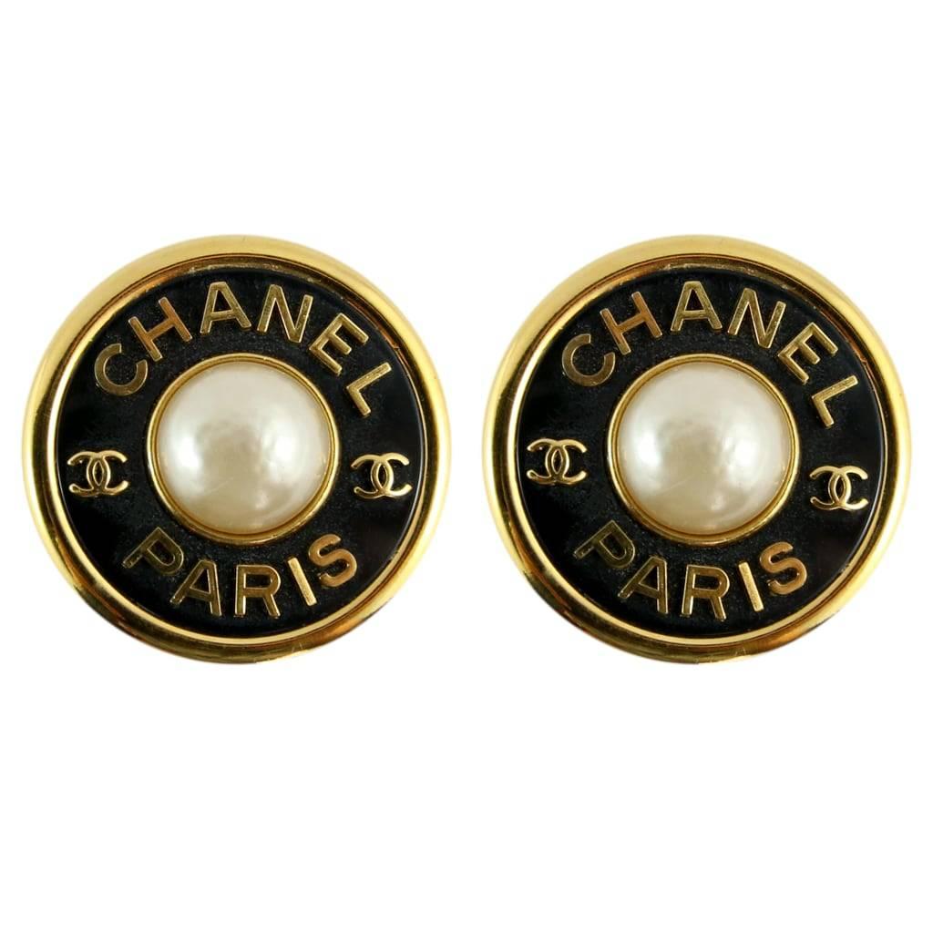 Chanel Rare Black Gold Pearl "CHANEL PARIS" Evening Stud Earrings in Box