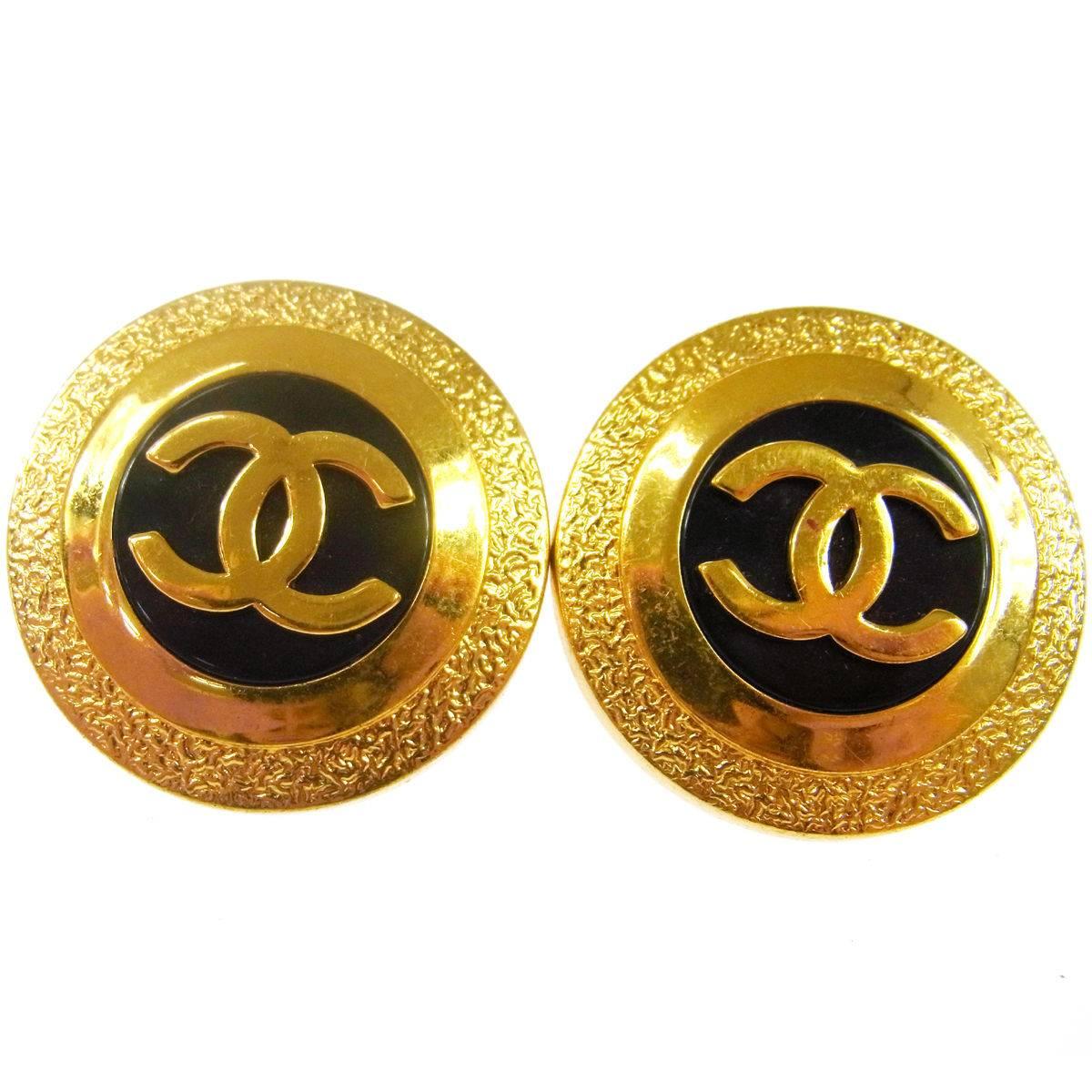 Chanel Gold Round Large Statement Evening Disc Stud Earrings in Box