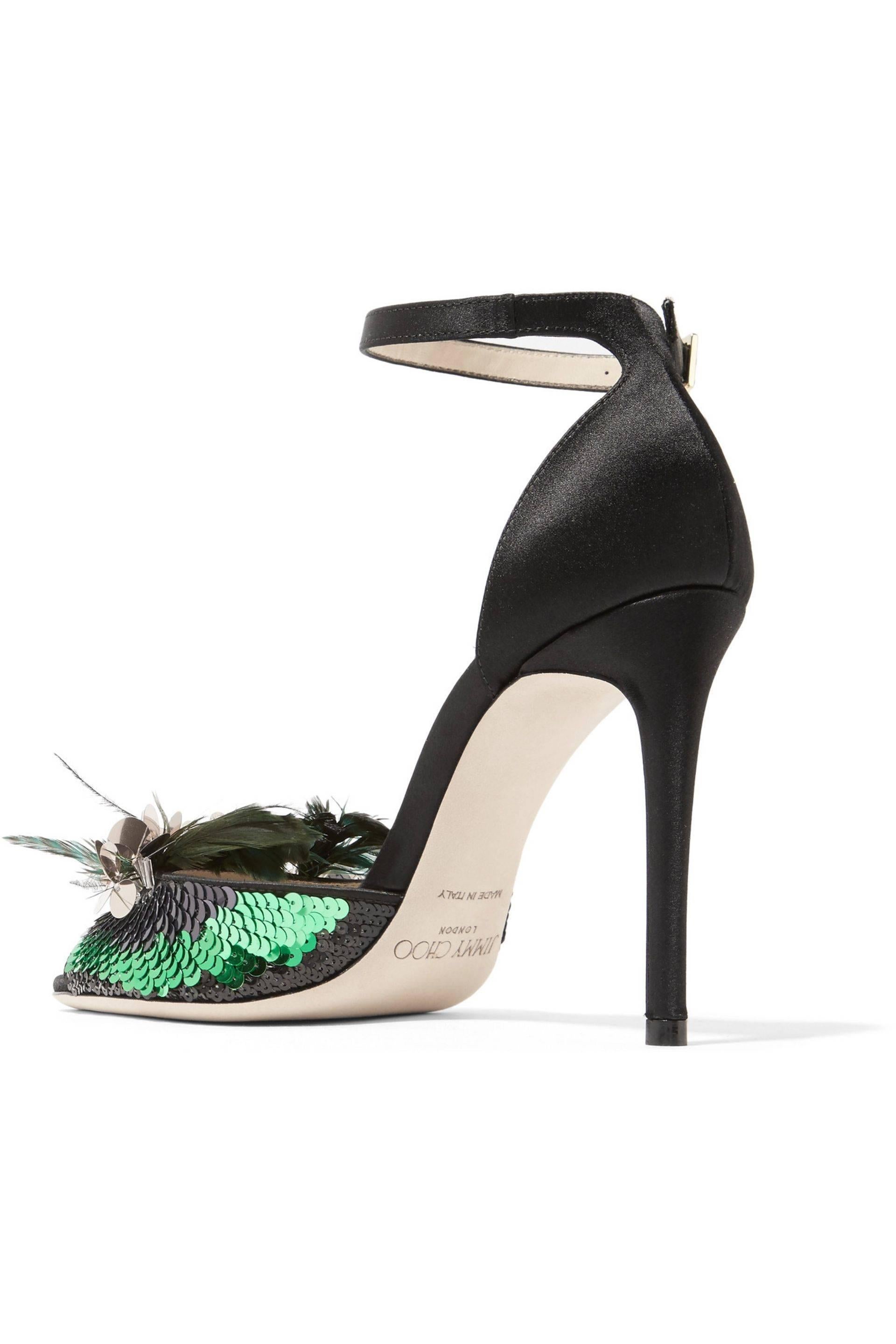 Jimmy Choo New Black Green Ostrich Sequin Evening Sandals Heels in Box In New Condition In Chicago, IL