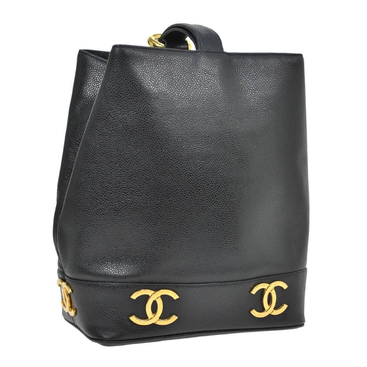 Chanel Black Leather Gold Charms Sling Back Carryall Duffle Shoulder Bag