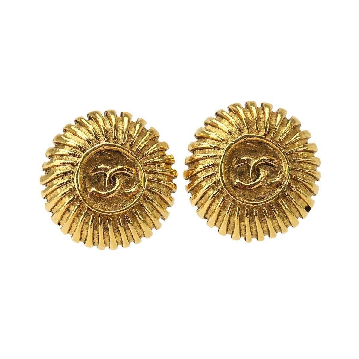 Chanel Gold Textured Starburst Charm Evening Stud Earrings in Box
