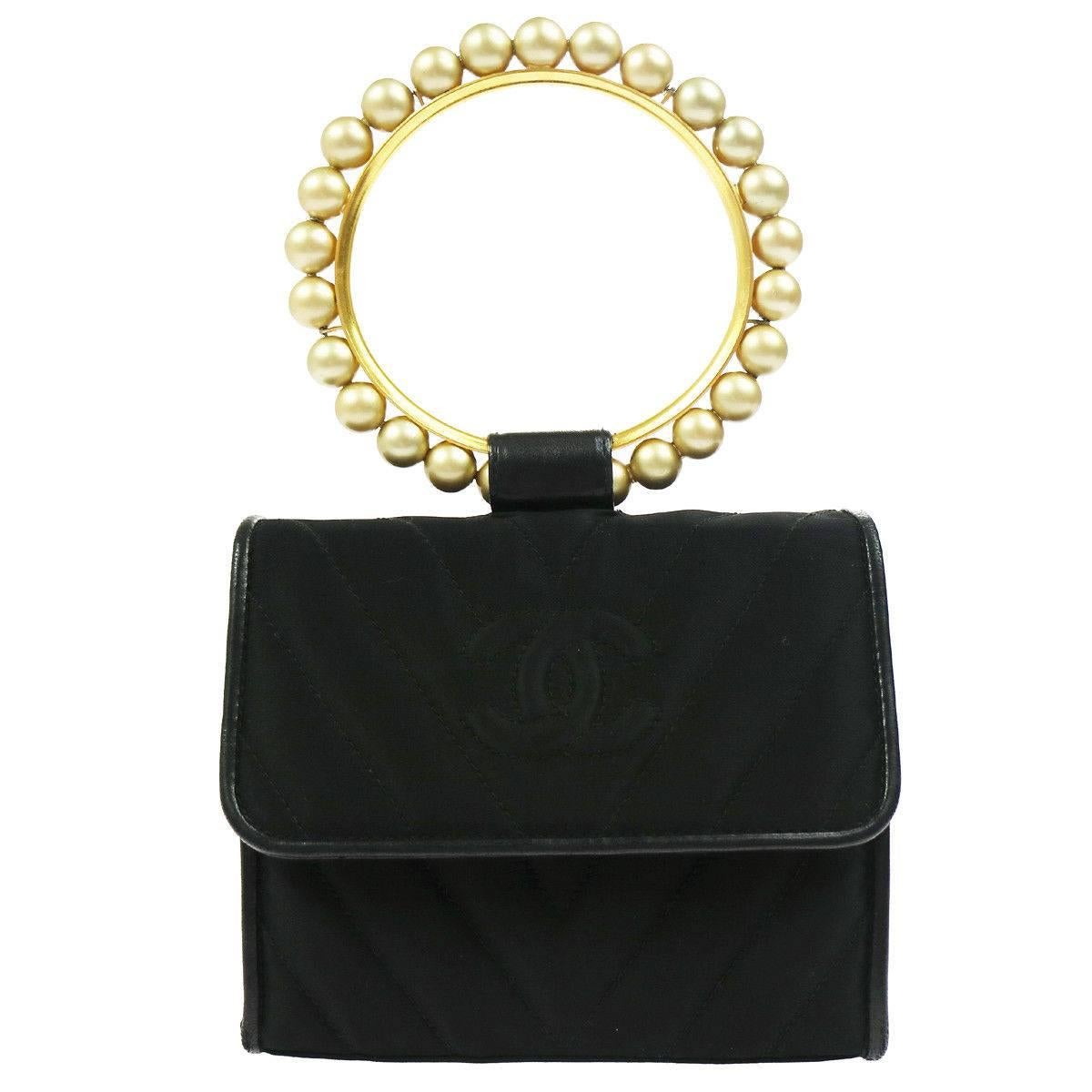 Chanel Black Small Gold Charm Pearl Top Handle Satchel Evening Flap Bag In Box