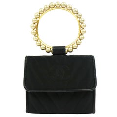 Vintage Chanel Black Small Gold Charm Pearl Top Handle Satchel Evening Flap Bag In Box