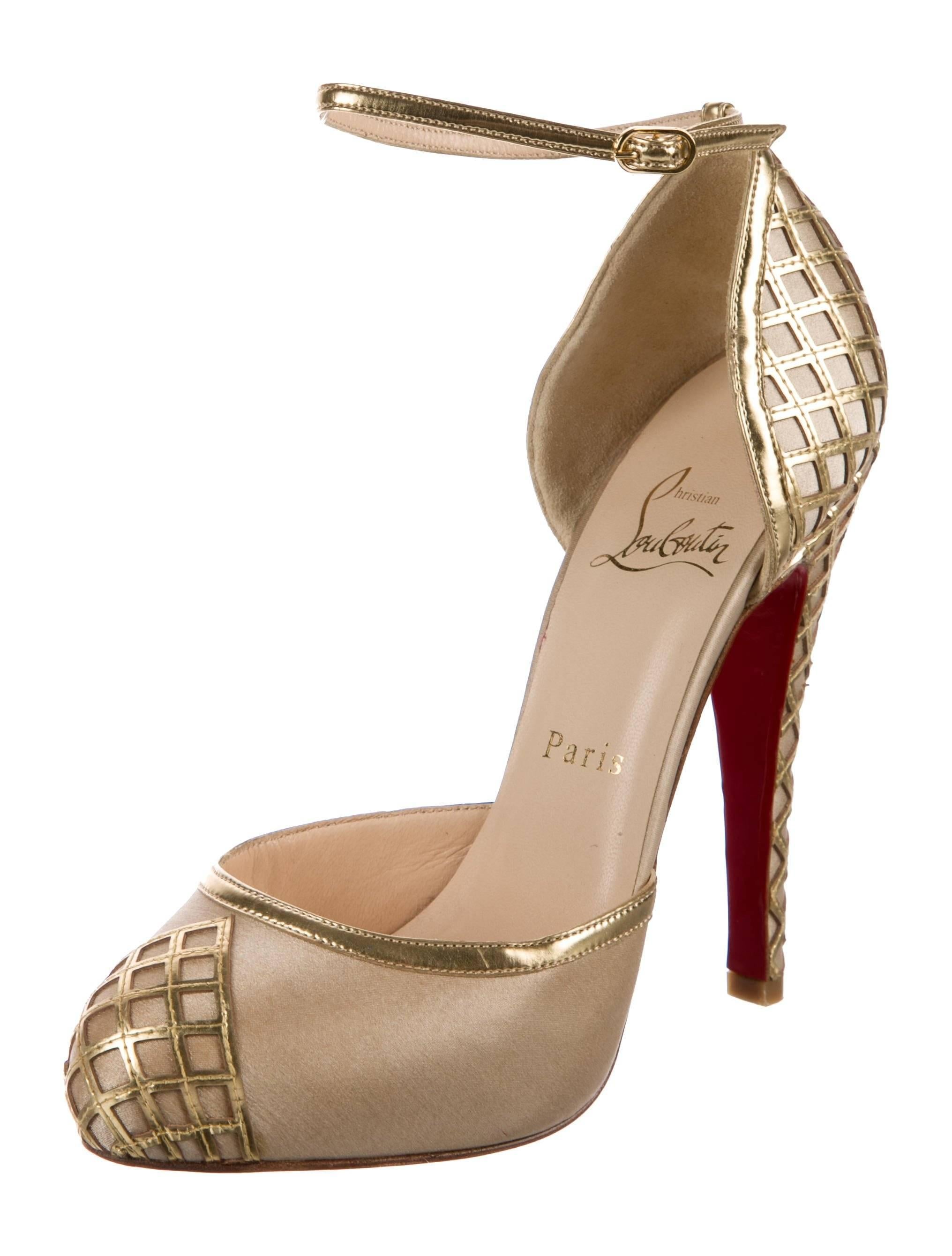 Brown Christian Louboutin New Gold Textured Evening Sandal Pumps Heels