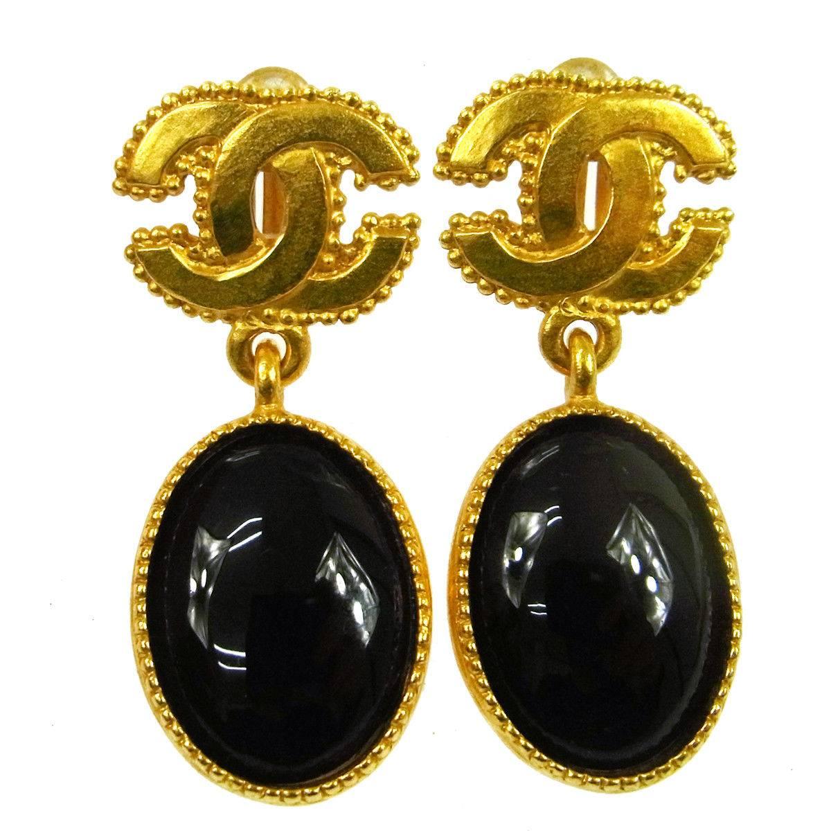 Chanel Gold Textured Logo Black Evening Drape Dangle Drop Earrings in Box
