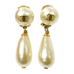 Vintage Chanel Rare Gold Charm Pearl on Pearl Evening Dangle Drop Earrings in Box