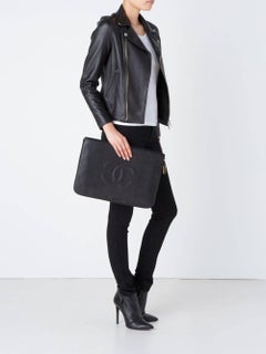 Chanel Black Leather Large Men's Travel LapTop iPad Tech Carryall Clutch Bag