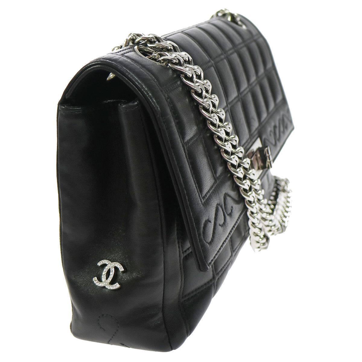 Women's Chanel Black Leather Silver Turnlock Evening Single Double Shoulder Flap Bag 