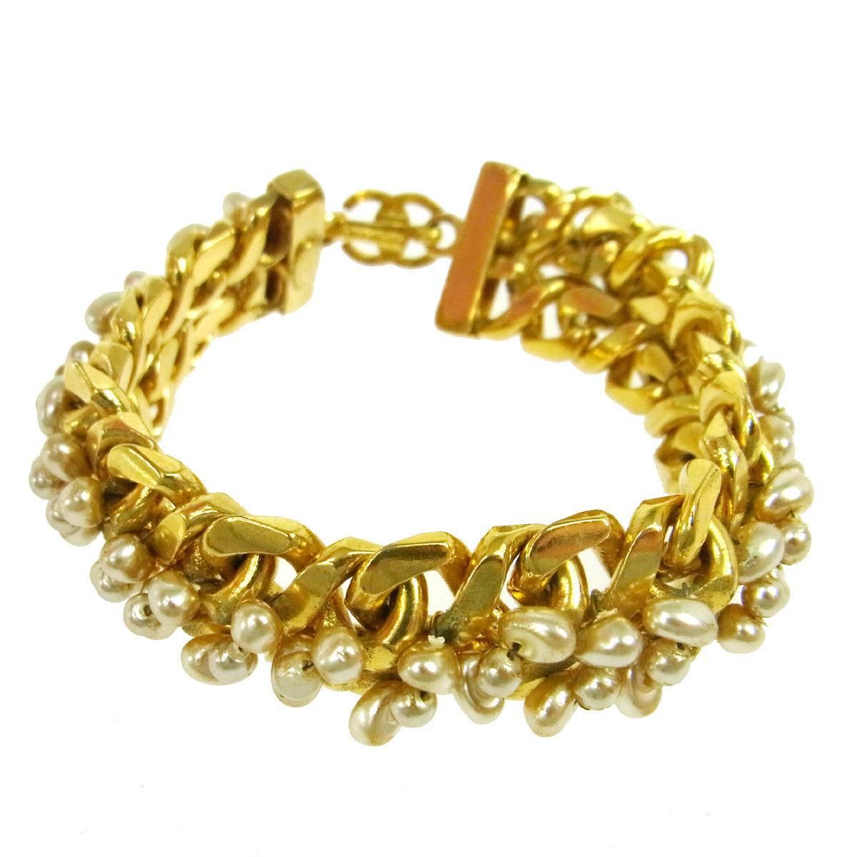 Chanel Gold Chain Link Beaded Pearl Statement Evening Cuff Bracelet