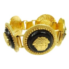 Vintage Gianni Versace Gold Black Charm Medusa Head Evening Cuff Bracelet 