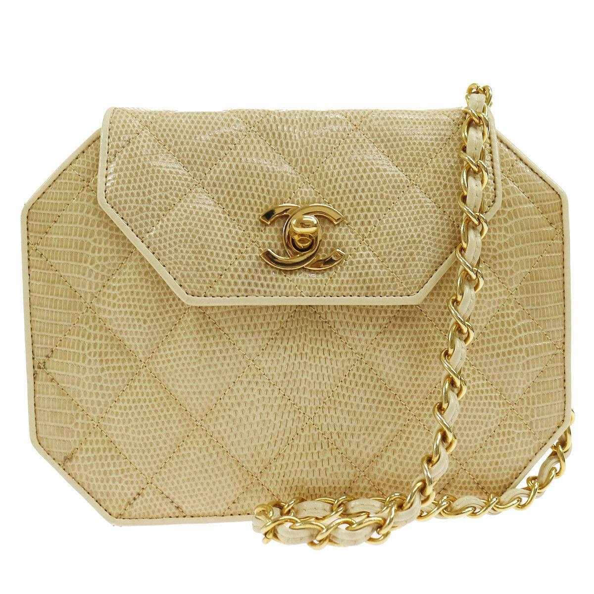 Chanel Nude Lizard Exotic Party Octagon 2 in 1 Clutch Evening Shoulder Bag