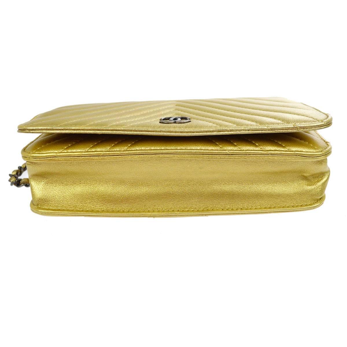 Chanel Gold Leather Chevron Wallet on Chain Clutch Evening Shoulder Flap Bag 1