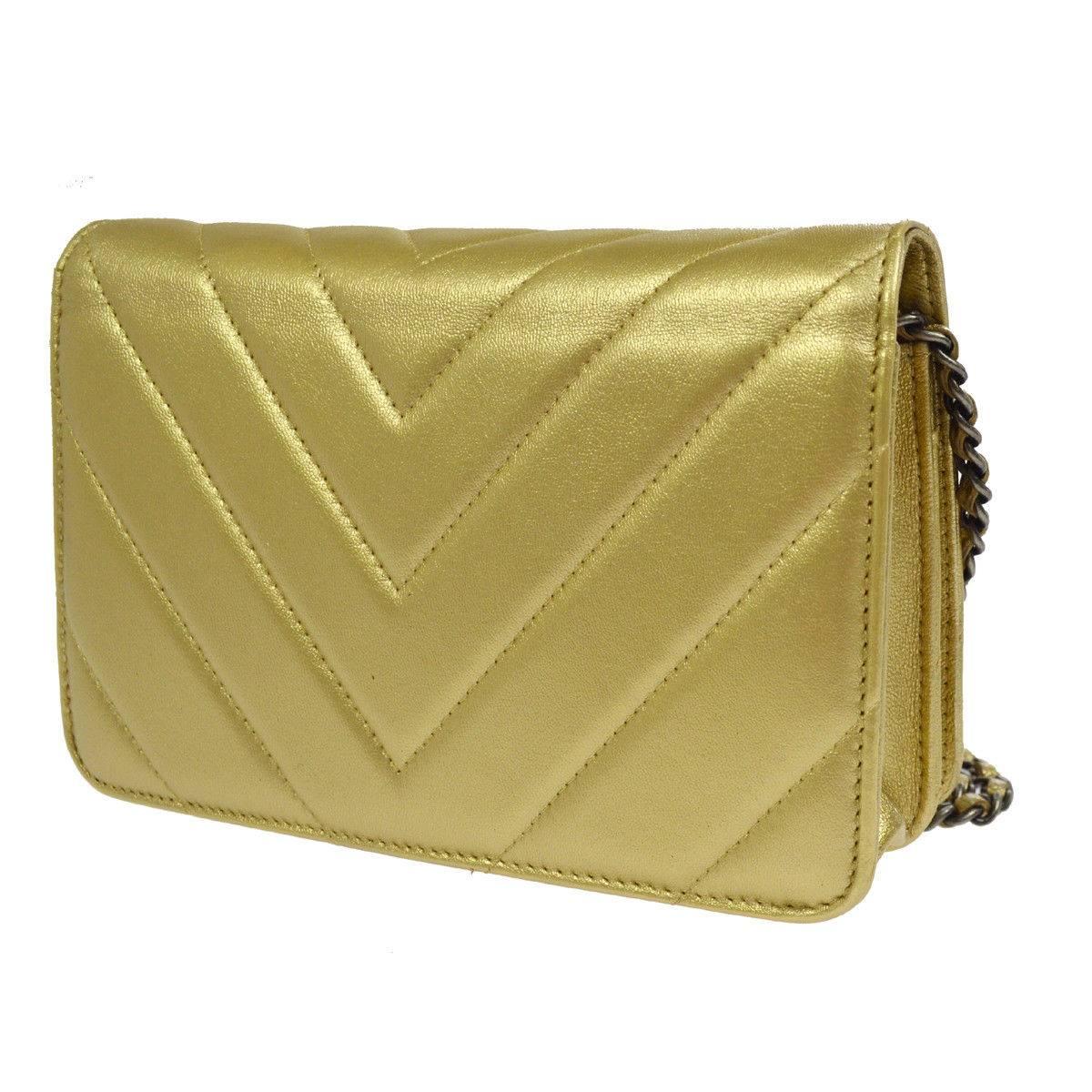 Women's Chanel Gold Leather Chevron Wallet on Chain Clutch Evening Shoulder Flap Bag