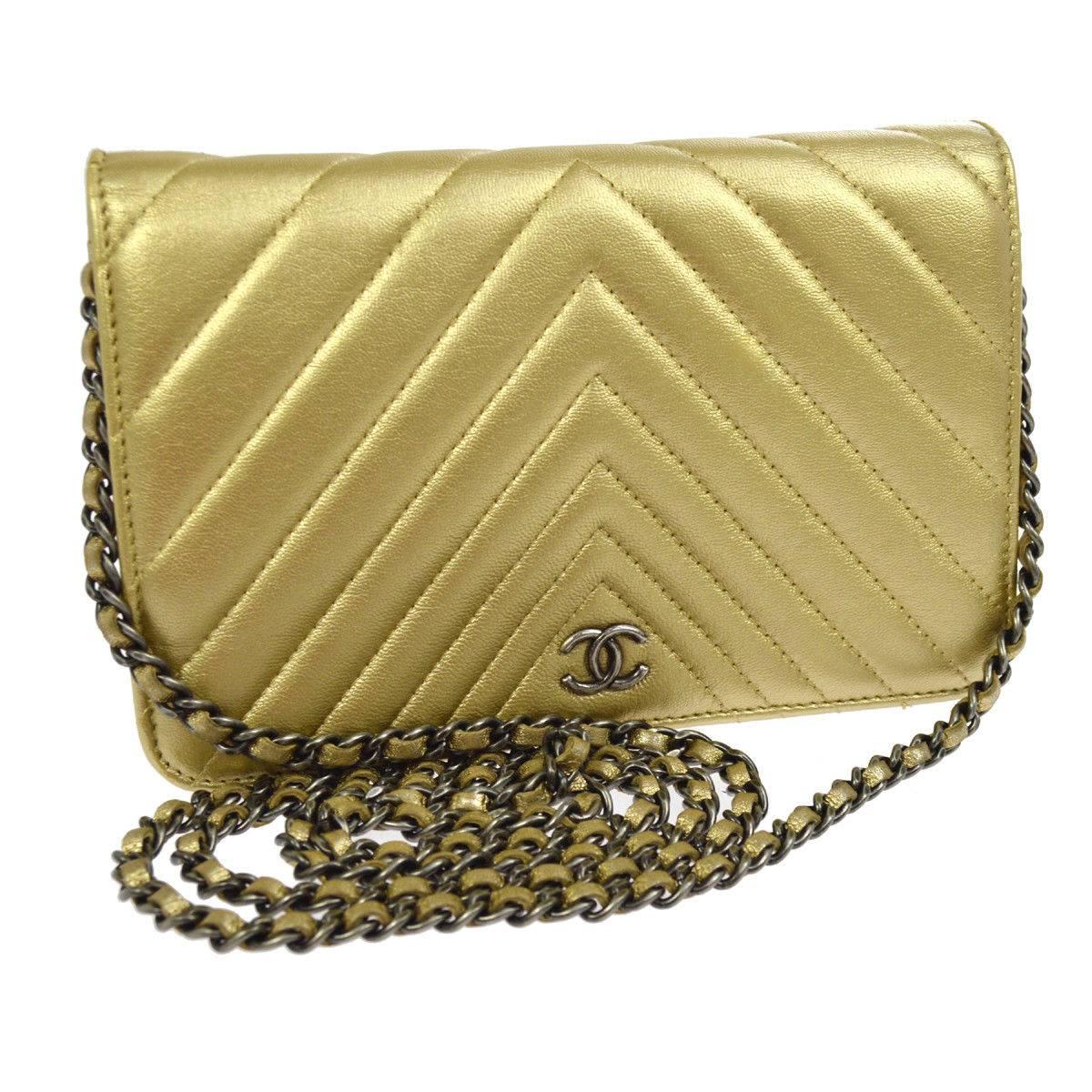 Chanel Gold Leather Chevron Wallet on Chain Clutch Evening Shoulder Flap Bag