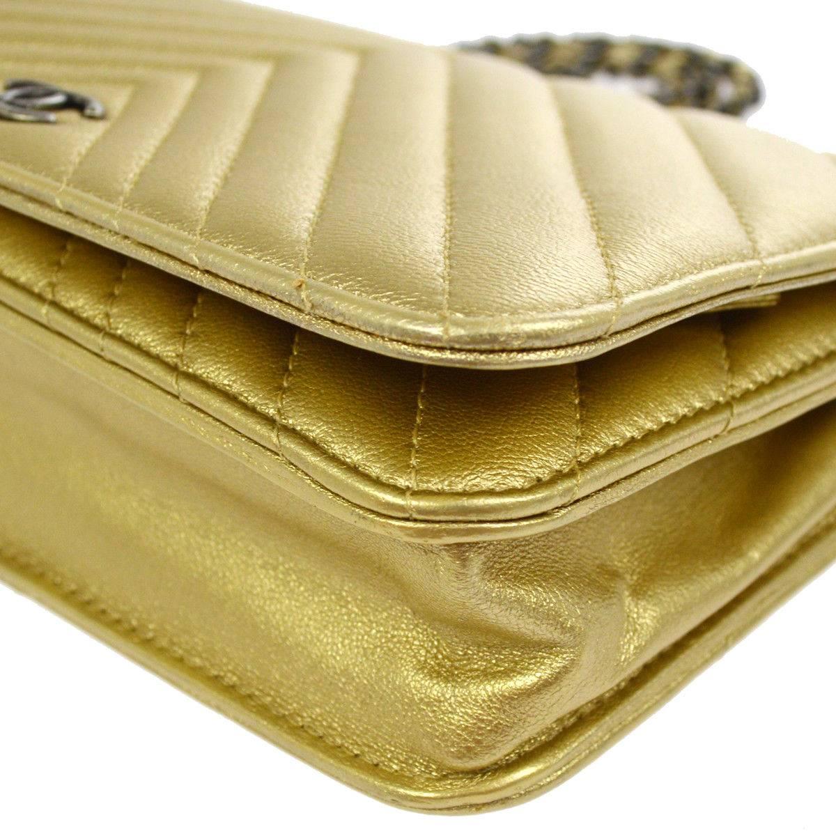 Chanel Gold Leather Chevron Wallet on Chain Clutch Evening Shoulder Flap Bag 2